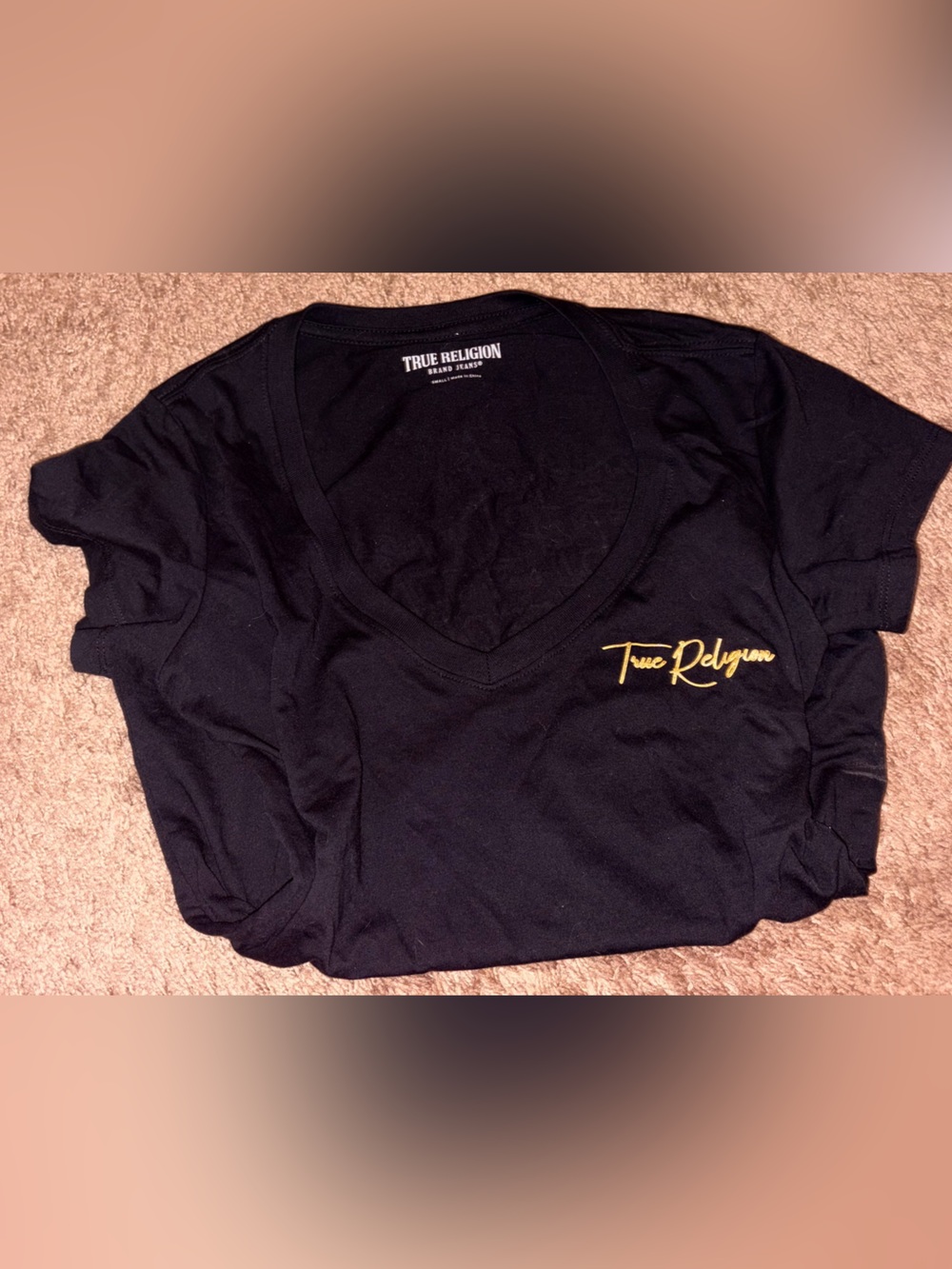 True Religion Black Tee with Gold Script Emblem